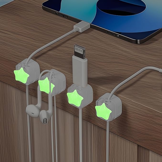 9Pack Magnetic Cable Clips for Nightstand, Adhesive Night-Glowing Cord Holder Organizer for Office Home Desk Wall Car (White,Star)