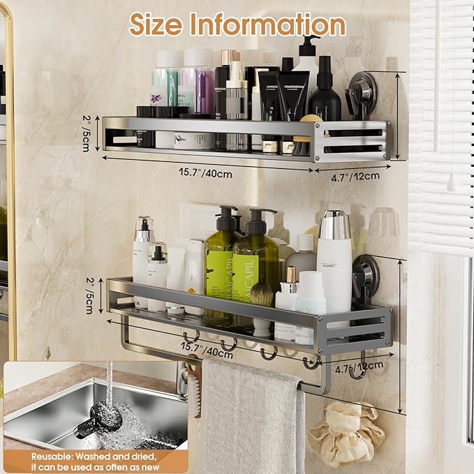 Suction Cup Shower Caddy, 15.7inch Extended Version, With 5 Hooks & Towel Rrack