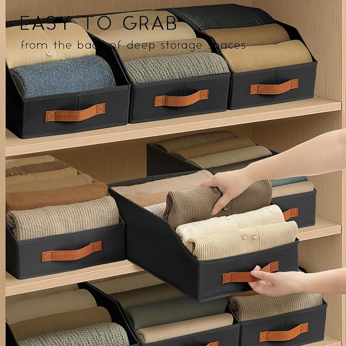 Homsorout Fabric Storage Bins for Organizing - 12 Pack Large Trapezoid Collapsible Storage Bins with Front Handle, Closet Organizers and Storage for Bedroom, Home Shelves, Small Spaces, Black