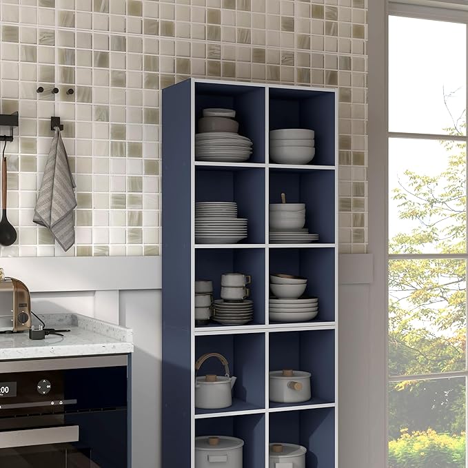 Homes: Inside + Out Apexa 6-Cube Storage Organizer Shelves, Stackable Wood Bookcase Fits Cubby Bins for Organization, Dorm Teen Room Decor & Home Office, Steel Blue