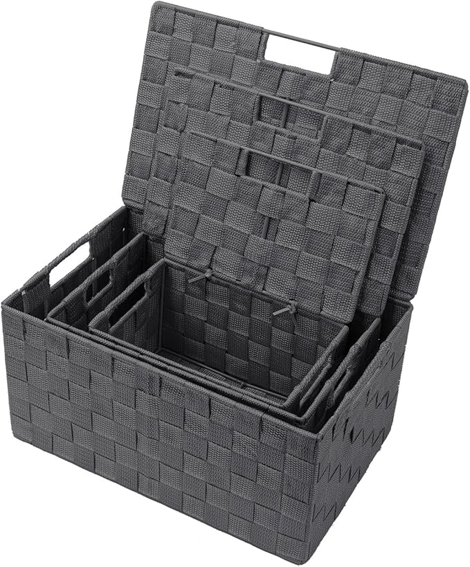 Sorbus Set of 3 Hand-Woven Storage Baskets with Lids – Mesh Organizers for Linen Closet, Shelves, or Home Storage – Variety Pack (Gray)
