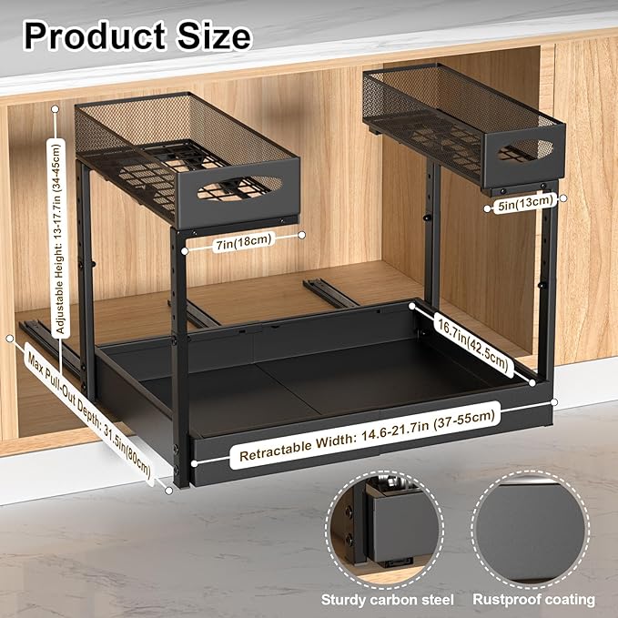 Under Sink Organizer, 14"-21" Width Expandable, 13"-17" Height Adjustable