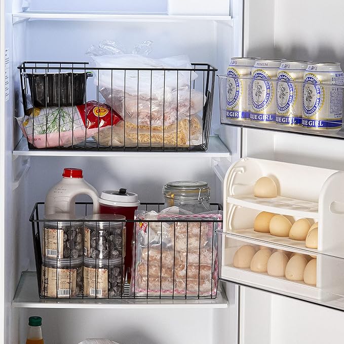16inch Freezer Wire Storage Organizer Baskets, Household Refrigerator Bins with Built-in Handles for Cabinet, Pantry, Closet, Bedroom