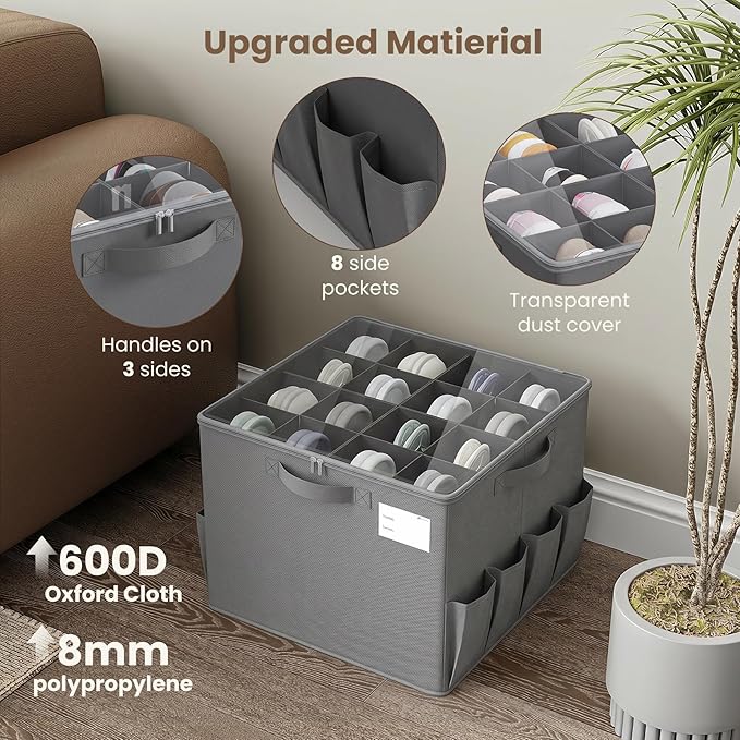 Varhomax Foldable Shoe Organizer Box, Fabric Storage Bin with Clear Cover & Adjustable Dividers, Holds up 16-32 Pairs of Sneakers & Sandals for Closet, Entryway (Gray)