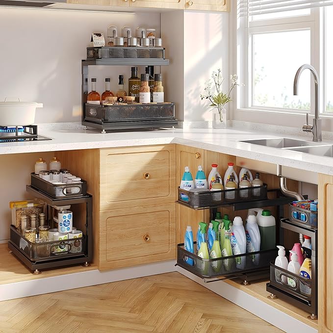 2-Pack Under Sink Storage Organizer with 2-Tier Slide Out Drawer, Sophisticated Mesh Pull Out Shelf for Kitchen & Bathroom, Fits Small Items, Upgraded Arched Track for Smooth Gliding(Patented)
