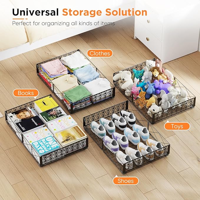 Under Bed Storage with Wheels, Rollable Under Bed Storage Container, Foldable Metal Under Bed Organizer for Bedroom Clothes Shoes Blankets Storage (2black, Black)