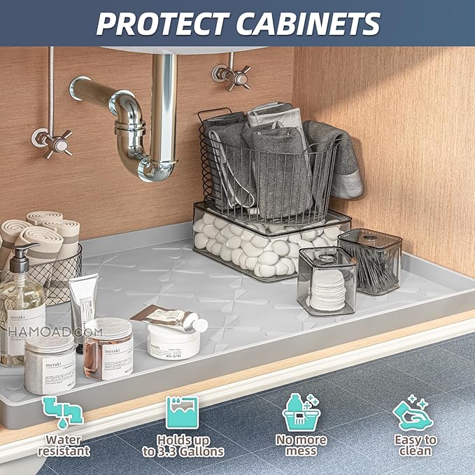 SIKADEER Waterproof Under Sink Mat 22x19, Raised Edge Silicone Mat Under Sink Shelf Liner, Sink Protector Kitchen Cabinet Tray for Bathroom Vanity and Small Cabinets, Cat Food Mat