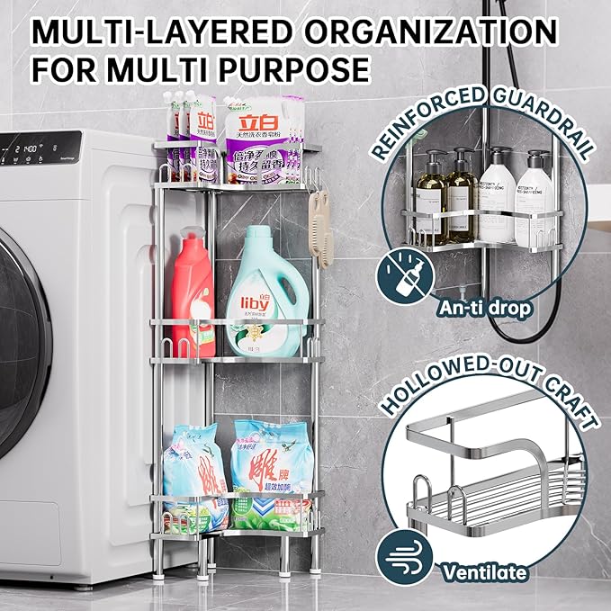 Standing Shower Corner Caddy, 3-Tier Stainless Steel Material Shower Organizer with 12 Hooks - Space Saving Corner Shelf with Adjustable Feet for Bathroom, Compact Spaces(Sliver, 3 Tiers)