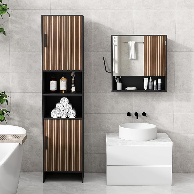Tall Storage Cabinet, 13.15 Inch Narrow Bathroom Cabinet with USB Magnetic Light, Open Shelf, Magnetic Doors, 2 Adjustable Shelves, Anti-Tip Kit for Small Spaces, Living Room, Black, 57.1" H