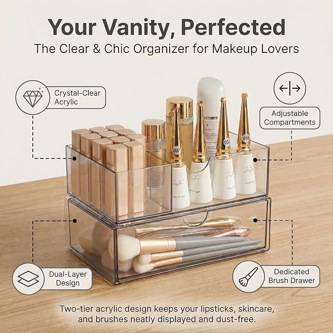 2-Layer Clear Acrylic Vanity Organizer with Adjustable Dividers, Stackable 3-Compartment Storage Box for Makeup, Hair Accessories, Skincare, Bathroom, Desk - 8.07" x 3.94" x 2.76"