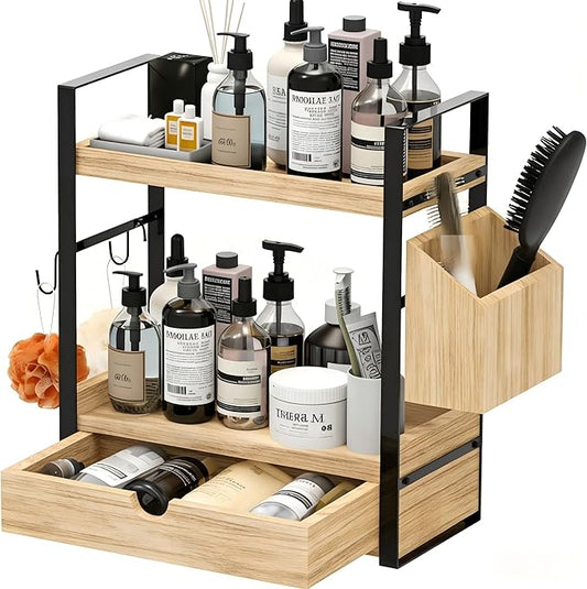 2-Tired Bathroom Counter Organizers and Storage, Light Brown