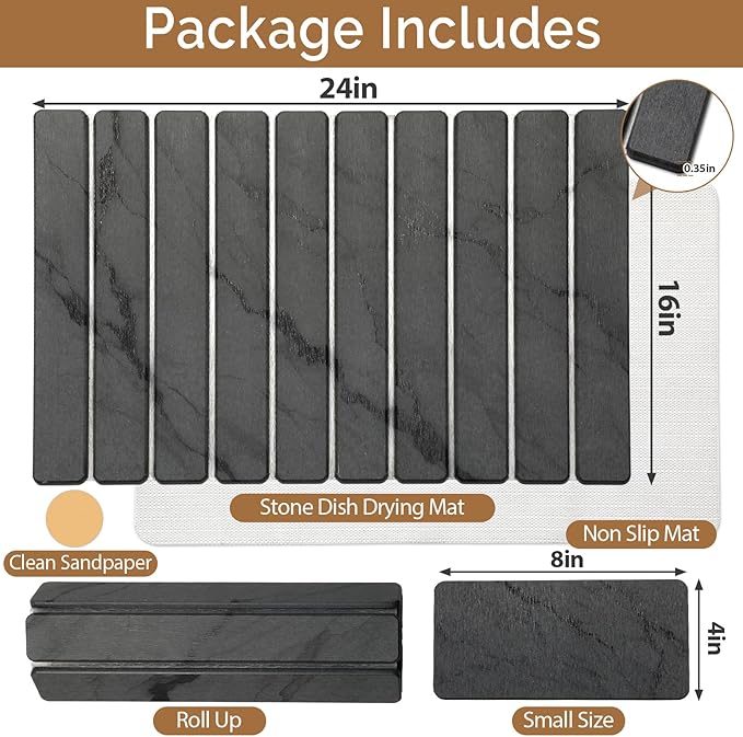 Large Stone Dish Drying Mat for Kitchen Counter, Quick Dry Stone Dishes Mats,Foldable Water Absorbing Diatomaceous Earth Drying Organizer Pad for Plate Rack Bottles Utensils(Dark Gray 24"×16" & 8"x4")