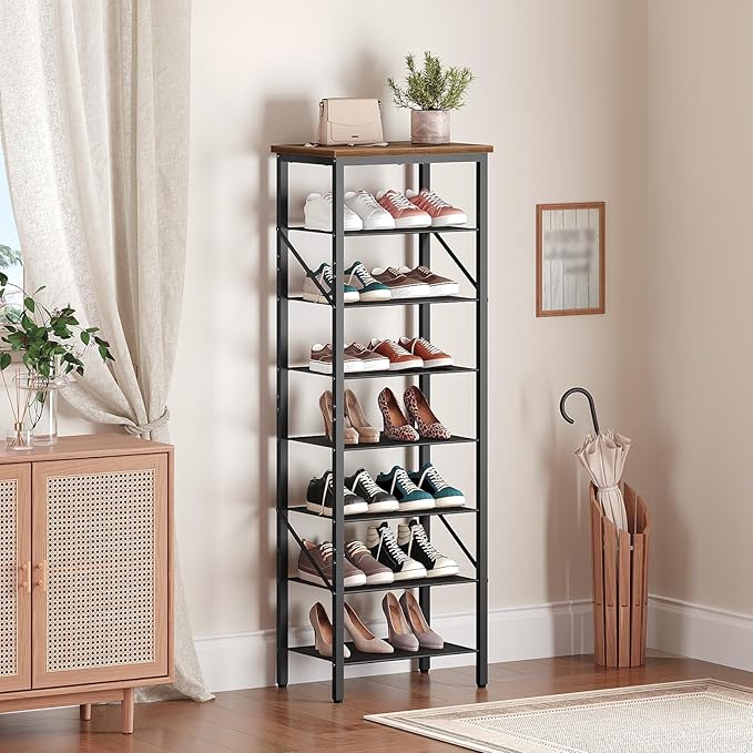 MAHANCRIS 8 Tier Narrow Shoe Rack Organizer, Tall Slim Shoe Storage for Small Space, Holds 8-16 Pairs, Metal Shoe Shelf with Wooden Top for Entryway Closet Bedroom, Rustic Brown and Black SRHR08401