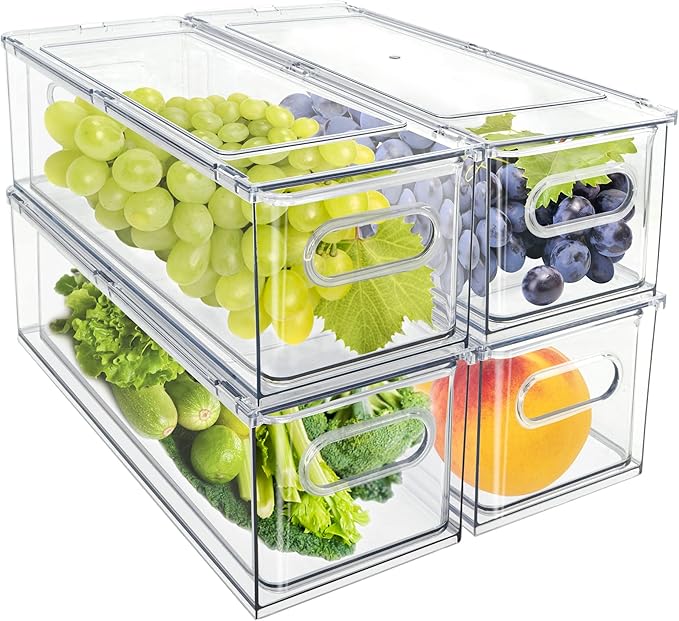 4Pack Stackable Fridge Drawers Pull-out Storage Bins with Handle Clear Food Container for Refrigerator Plastic Dresser Organizer Fruit&Veggie Keeper for Freezer Cabinet Kitchen Organization