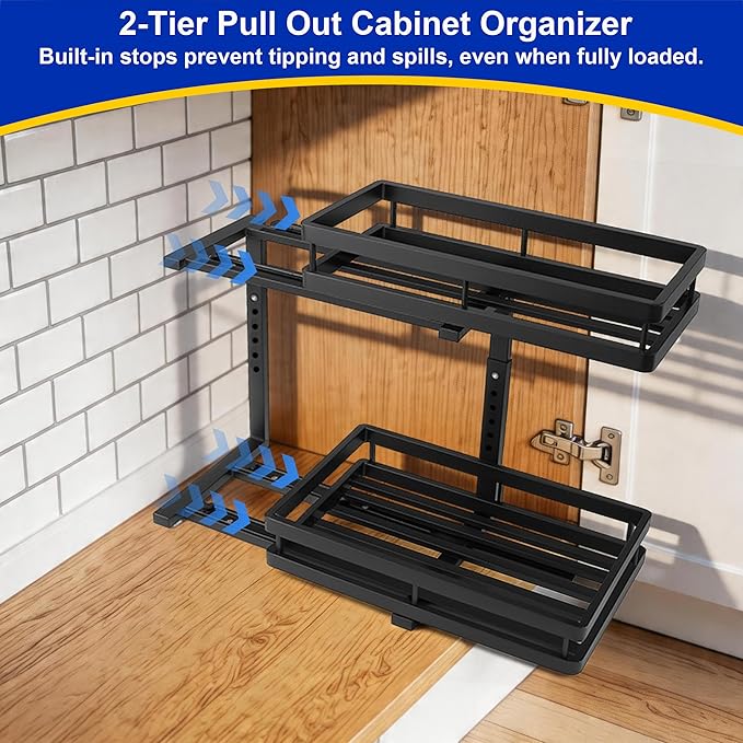 Under Sink Organizer, Dual-Rail Ball-Bearing, Under Kitchen Sink Organizer, 6-Level Adjustable, Under Cabinet Organizer, No-Drill Adhesive/Suction, Under Sink Storage (Black, Double Layer - 1 Pack)