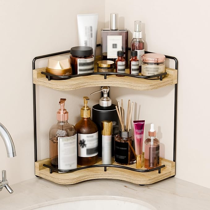 2-Tier Corner Bathroom Counter Organizers, Stable Wood Vanity Shelf for Perfume, Skincare & Makeup, Larger Size Countertop Organizer and Storage for Bathroom, Kitchen and Dresser(Light Brown)