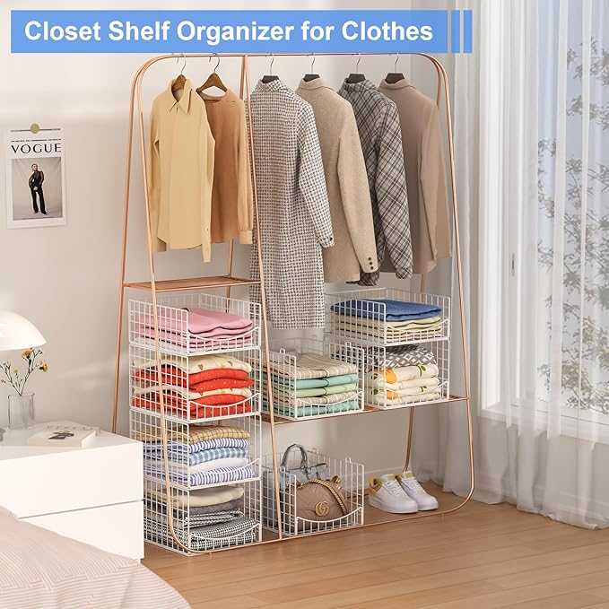 Hongtamoya 4-Tier Stackable Closet Organizers and Storage Shelves, Foldable & Mutifunctional Clothes Storage Basket Sweater Organizer Bins Container for Wardrobe Kitchen Office Bathroom, White