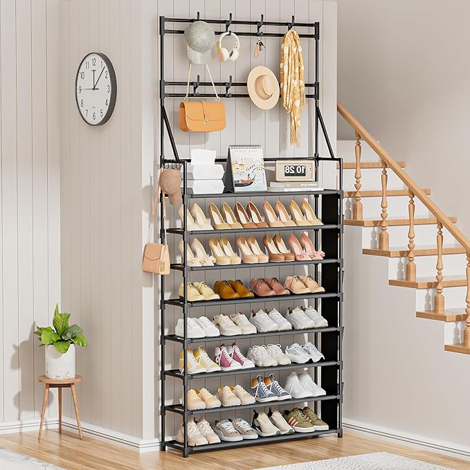 OYREL Shoe Rack 8 Tier Large Shoe Organizer Storage 32-40 Pairs Metal Shoe Storage Rack with Hooks and Side Pocket for Entrance Entryway Closet Shoe Shelf Holder