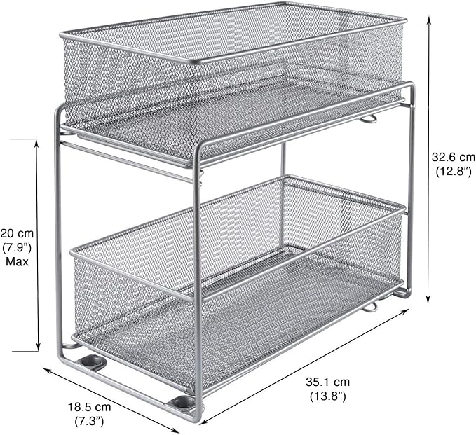 2 Tier Sliding Basket Stackable Cabinet Pull-Out Drawer Mesh Organizer