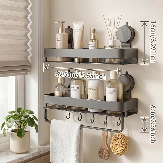 Wide Aluminum Suction Cup Shower Caddy(2-Pack Gray),Shower Shelves for Bathroom Wall,Wall Mounted Bathroom Shelves with Towel Bar & Hooks