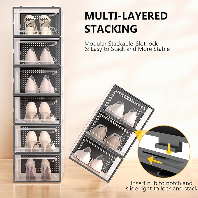12 Pack XX-Large Clear Shoe Storage Boxes, Stackable Modular Plastic Shoe Organizer Front-Opening Door, Fit up to US Size 9 to13, Ventilated Dust-Proof Sneaker Display Cases Closet and Entryway, Black