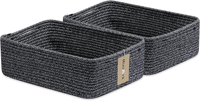 MiniArk Large Shallow Organizing Baskets 15x11x5.1 Inches - Rope Woven Storage Bins for Bathroom, Shelves, Cube Closet, Mixed Black 2 Packs