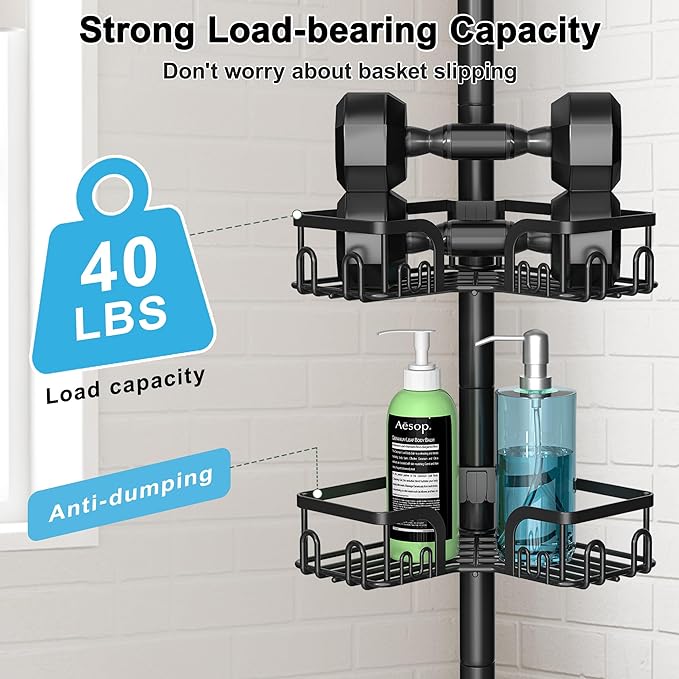 Corner Shower Caddy Tension Pole 4 Tier Adjustable Stainless Steel Shower Shelf for Inside Shower Bathtub Shampoo,Standing Bathroom Organizer Shelves with 39 to 113 inch Height