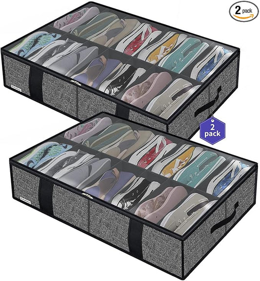 2 Pack Under Bed Shoe Storage Organizers with Handles & Clear window (Fit 14 +14