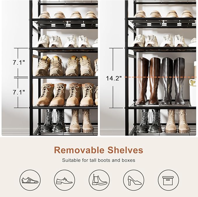 12-Tier Tall Shoe Rack Organizer Shoe Storage for Entryway 40-48 Pairs Metal Shoe Rack for Closet Heavy-Duty Shoe Rack with Wooden Top Shelf for Garage Rustic Brown