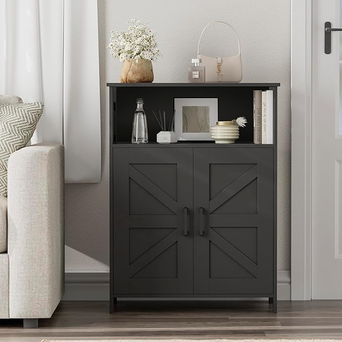 Homhedy Farmhouse Bathroom Storage Cabinet with 2 Doors, Toilet Paper Cabinet with Adjustable Shelf, Small Bathroom Cabinet for Kitchen/Laundry/Living Room, 11.8 x 23.6 x 31.5 Inches, Black