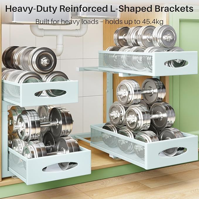 Under Sink Organizer, 2 Tier Pull out Cabinet Organizer Baskets with Mesh Sliding Drawers, Slide out Storage Shelf for Home, Kitchen, Bathroom, Pantry, Office Cabinet(1 Pack, Blue)