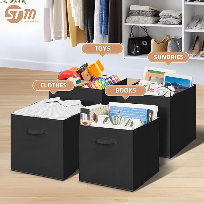 STORAGE MANIAC Storage Cubes, 13 Inch Collapsible Storage Bins with Handles, 4 Pack Fabric Foldable Bins for Organization, Durable Storage Bins for Closet, Shelves, Offices, Toys, 4-Pack Black