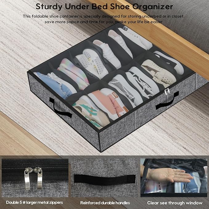 Sturdy Under Bed Shoe Storage Organizer with Handles and Clear Window Fit 16