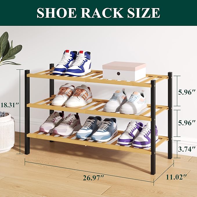 Smiry Bamboo Shoe Rack for Closet, 3 Tier Wooden Shoe Organizer, Stackable Wood Shoe Storage Shelf for Entryway, 14 Vertical Slats, One-piece Heavy-Duty Legs, 26.77"x11.02"x18.31", Natural & Black
