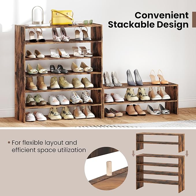 Giantex 3-in-1 Vertical Shoe Rack, 6-Tier Free Standing Shoe Storage Organizer w/Stackable Design for 18 Pairs, 31 Inch Wide Wood Shoe Shelf for Closet, Entryway, Living Room, Office (2, Brown)