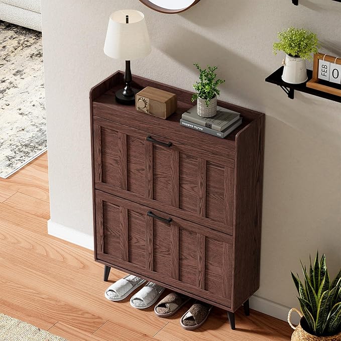 ChooChoo Shoe Storage Cabinet with 2 Flip Drawers, Freestanding Hidden Slim Narrow Shoe Rack Cabinet, Farmhouse Shoe Organizer Storage for Entryway, Walnut