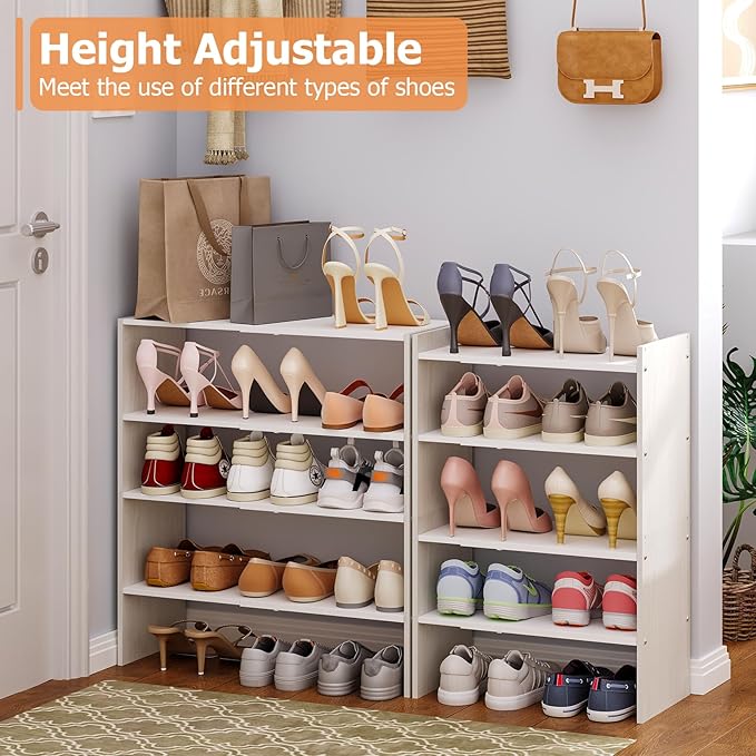 X-cosrack 2 Pack 2-Tier Shoe Rack Organizer for Closet, Expandable and Adjustable White Shoe Rack, Stackable Iron Wood Combination Shoe Storage Shelves for Closets, Entryway, Small Space, Garage