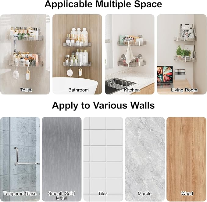 Adhesive Shower Caddy Suction Cup Shower Shelves for Inside Shower No Drilling Bathroom Organizers and Storage Corner Wall Shelf Rack Clear(clear,corner)