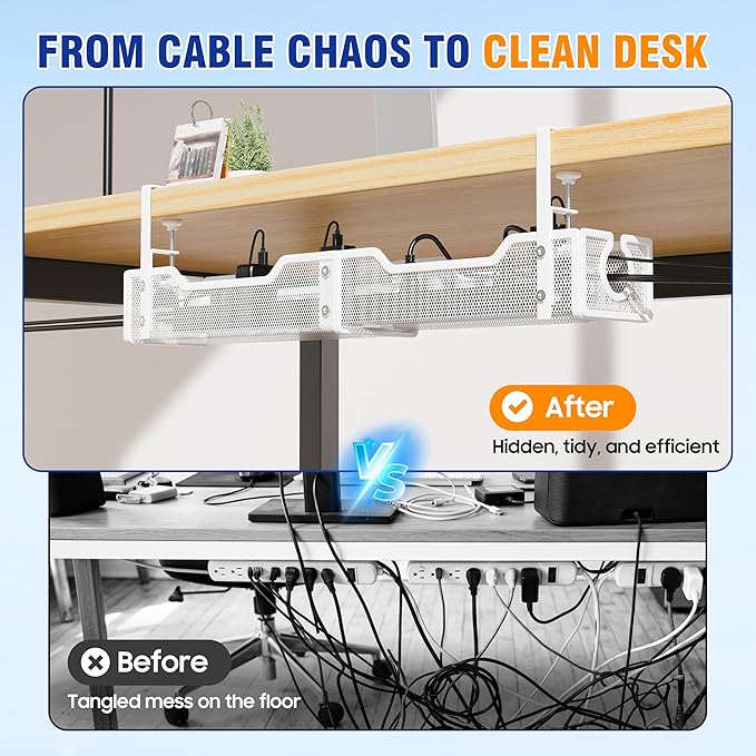 Upgraded 25.2'' Under Desk Cable Management Tray, No Drill Clamp-On Design Wire Organizer, Cable Organization Box for No Damage to Desk, Metal Cord Organizer for Home Office, White