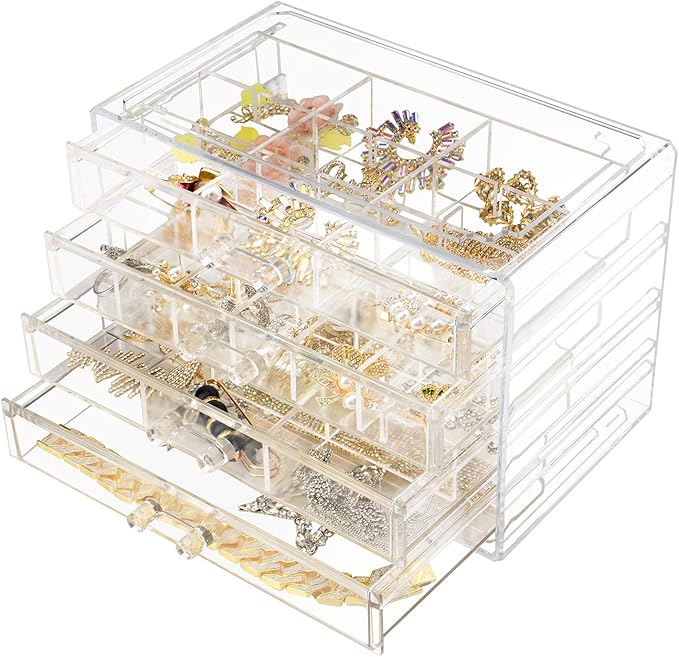 Weiai Acrylic Jewelry Box, 72 Grids Clear Jewelry Organizer with Adjustable Dividers, Large Capacity Earring Ring Gift Boxes