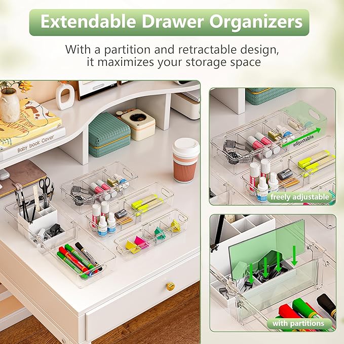 BLULEE Adjustable Clear Drawer Organizers, Expandable Bathroom Drawer Organizer Bins with Dividers, Versatile Makeup Organizer for Drawer, Plastic Desk Drawer Organizer (8 Pcs)