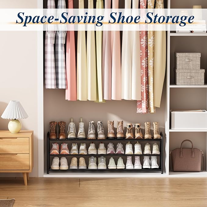 ENJOYBASICS 3 Tier Expandable Shoe Rack for Closet, Free Standing Metal Shoe Shelf Storage Organizer Holder 18 Pairs, Adjustable Width Shoe Rack for Entryway Small Space, Black