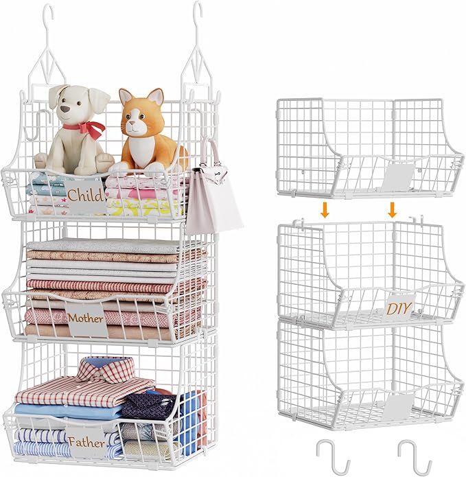 Hanging Closet Organizers and Storage, 5 Tier Closet Shelf Clothes Organizer with 2 S-Hooks, Multi-Functional Iron Wire Baskets, for Clothing, Sweaters, Handbags, Hat, Canned