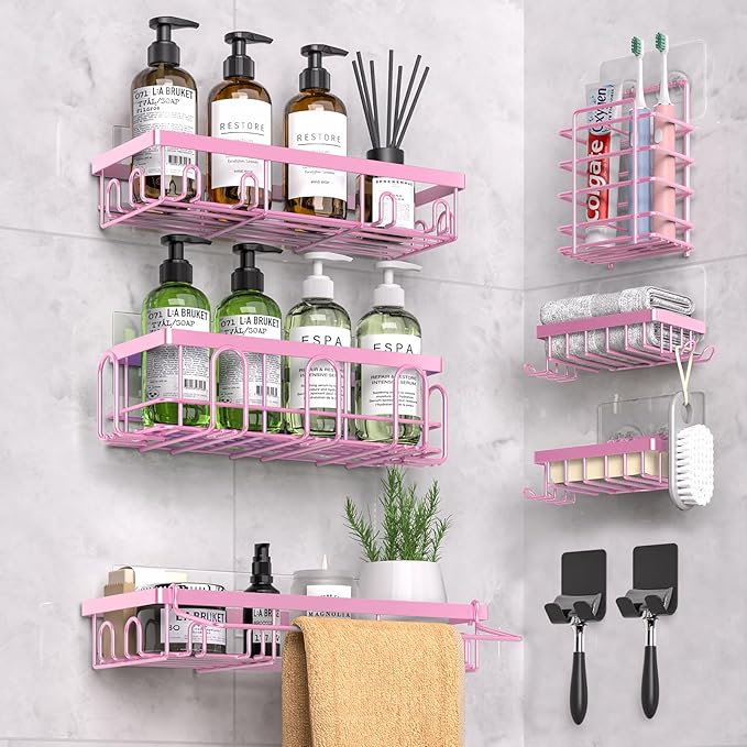 DTUQYX Shower Caddy 9 Pack,Adhesive Organizer for Bathroom Decor Accessories & Kitchen Storage,No Drilling,Large Capacity,Rustproof Stainless Steel Organizer,Home Decor Shelves (Pink 9 Pack)