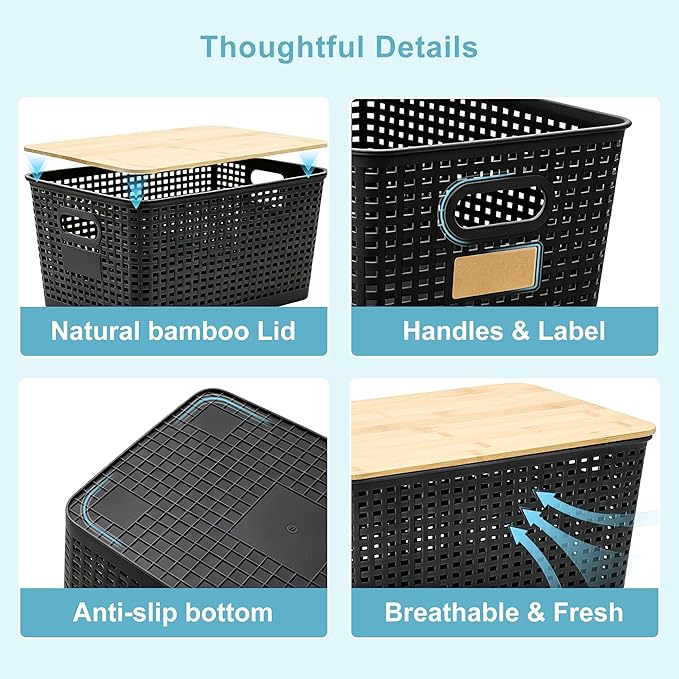 2 Pack Tall Plastic Storage Bins with Bamboo Lids, Black