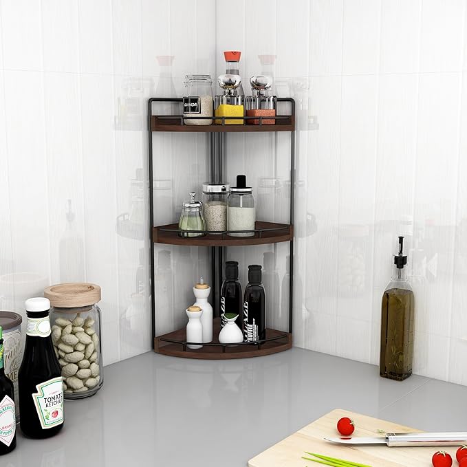 3-Tier Corner Bathroom Organizer Countertop for Storage, Vanity Tray, Walnut