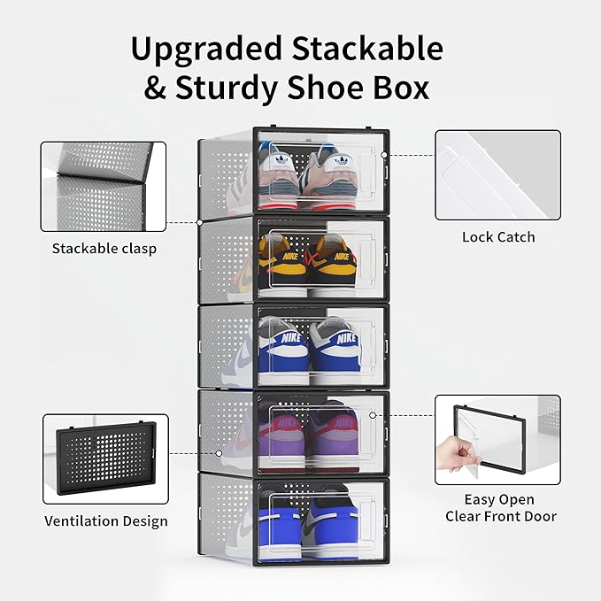12 Pack Shoe Storage Bins, Clear Plastic Stackable Shoe Organizer for Closet, Space Saving Foldable Shoe Rack, Shoe Box Sneaker Holder Container, Black Frame