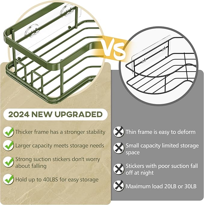 MAXIFFE 3 Pack X-Large Corner Shower Caddy with Soap Holder, Large Capacity Sturdy Easy Install No Drilling Stainless Steel Hold 40 LB Shower Organizer Shelves Rack for Family Renters Bathroom, Green