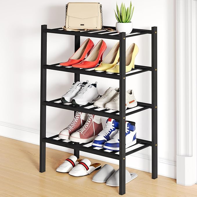 Smiry Small Bamboo Shoe Rack, 4 Tier Free Standing Wooden Shoe Organizer, Stackable Wood Shoe Storage Shelf for Closet, Entryway, 12 Vertical Slats, 2+2 Stack Standard Legs, 17.3"x11"x26", Black