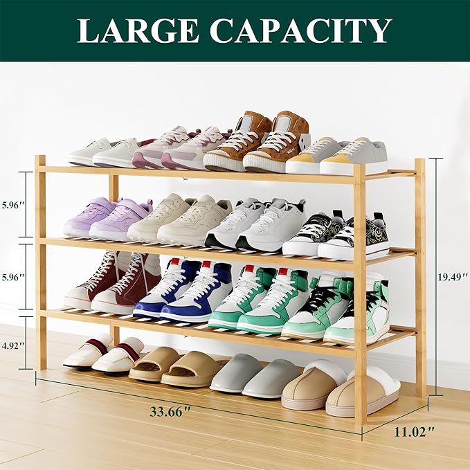 Long Bamboo Shoe Rack, 3 Tier Free Standing Wooden Shoe Organizer, Natural